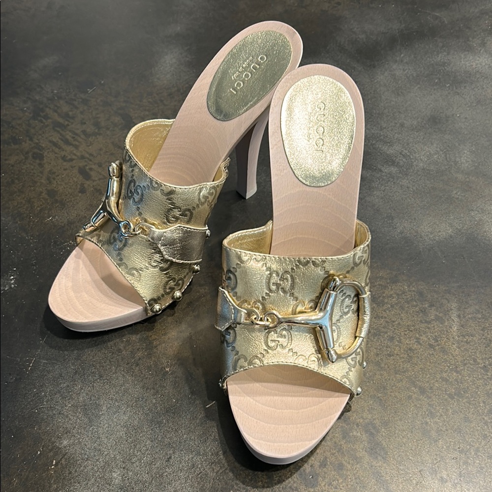 Gucci Gold Heeled Mules with Knotted Detail
